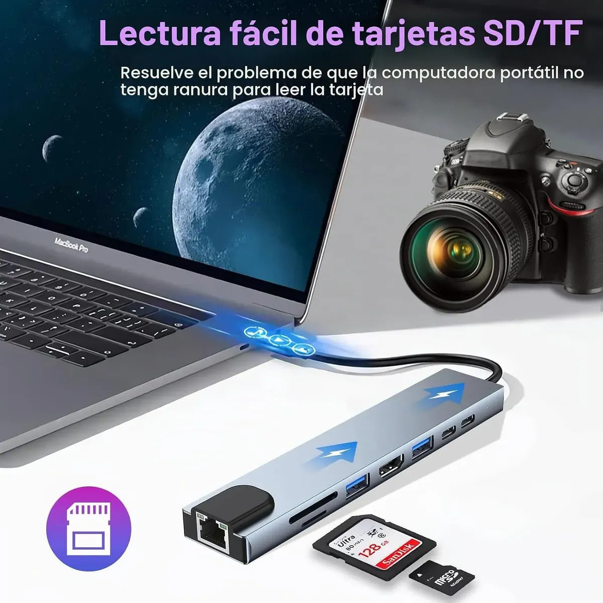 Adaptador Multipuerto Hub Usb-c 8 En 1 Hdmi 4k Usb 3.0 Pc